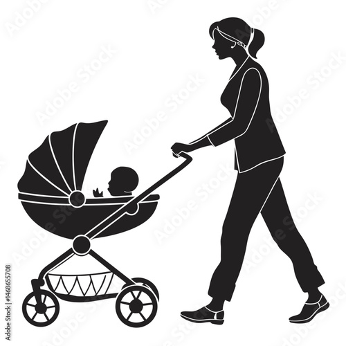  vector icon of a person walking with a baby in a stroller, black silhouette, white background, simple design