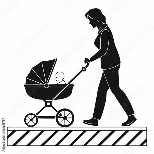  vector icon of a person walking with a baby in a stroller, black silhouette, white background, simple design