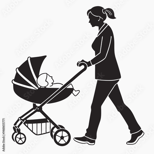  vector icon of a person walking with a baby in a stroller, black silhouette, white background, simple design