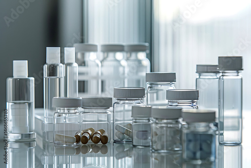 Assortment of Clear Glass Vials and Bottles Containing Pills and Capsules Arranged on Reflective Surface Near Window

