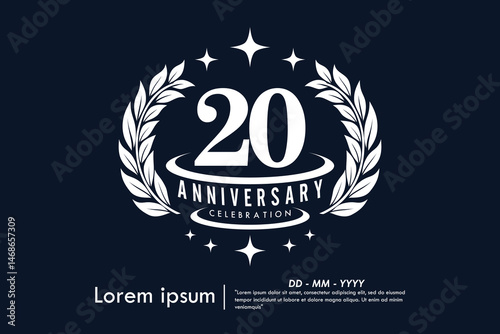 20th years anniversary celebration emblem. congratulations anniversary logo isolated with laurel wreath and stars on Black background. vector illustration template design for web,
