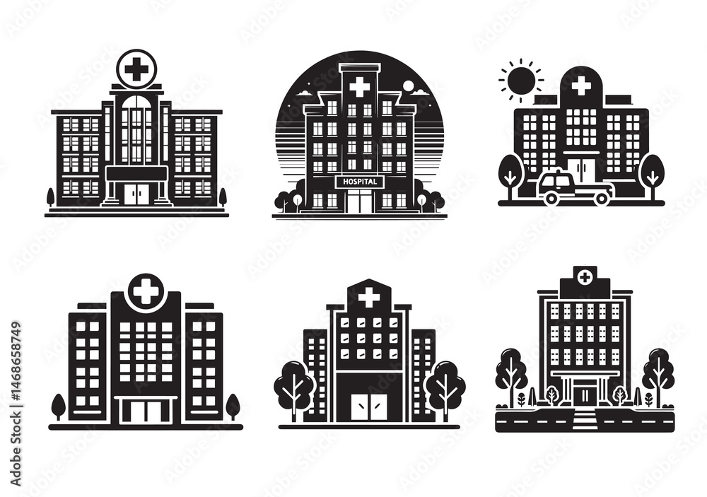Obraz premium Hospital Building Silhouette Vector Set