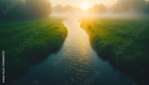 Sunrise Over a Misty River in Lush Green Meadow