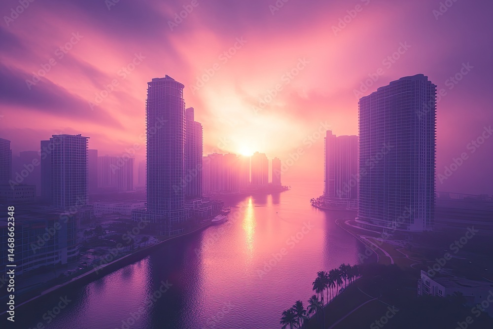 Fototapeta premium Sunrise over city skyline reflecting in a canal. Misty atmosphere, vibrant hues of pink and purple