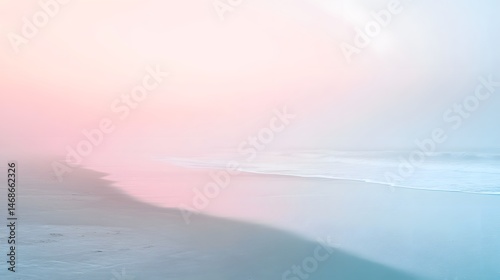 Soft Pastel Seascape Scene of Ocean Shoreline Under a Pale Pink and Blue Sky Evoking Tranquility and Serenity on a Misty Morning Backdrop