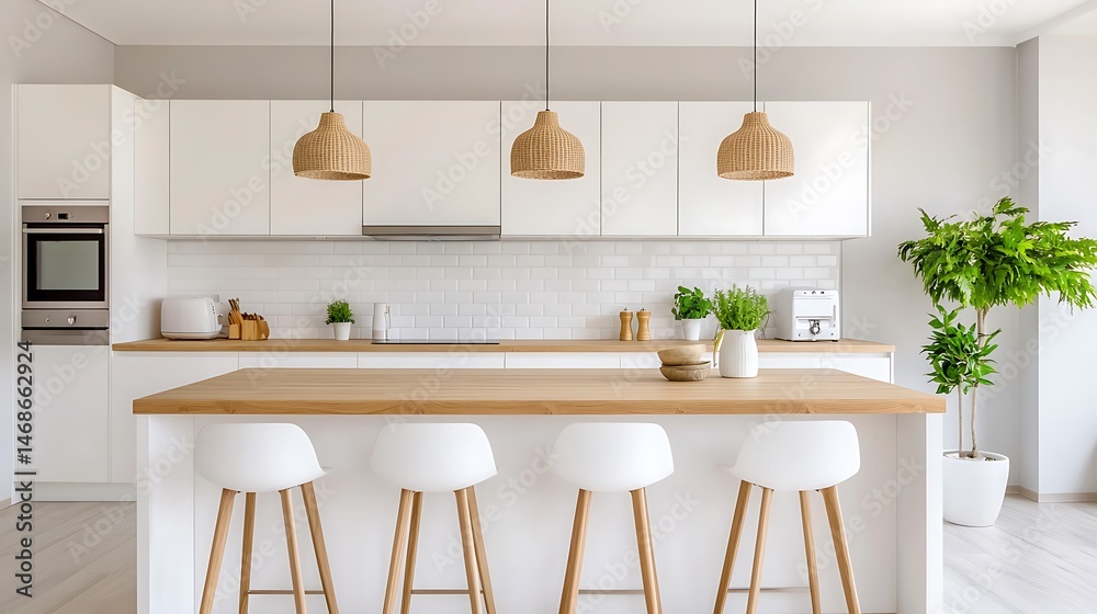 Fototapeta premium Modern Kitchen Interior with White Cabinets, Wood Countertop, Rattan Pendant Lights, and Bar Stools for Minimalist Home Design.
