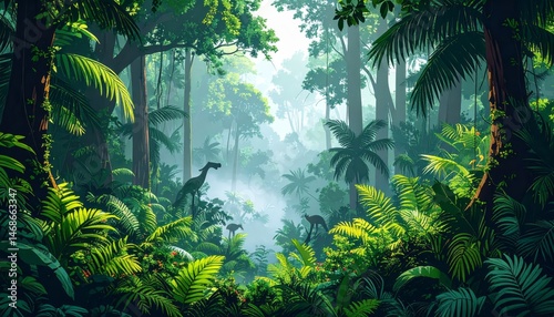 Fototapeta Naklejka Na Ścianę i Meble -  Lush tropical rainforest illustration featuring vibrant greenery and prehistoric dinosaurs, perfect for nature and adventure themed projects