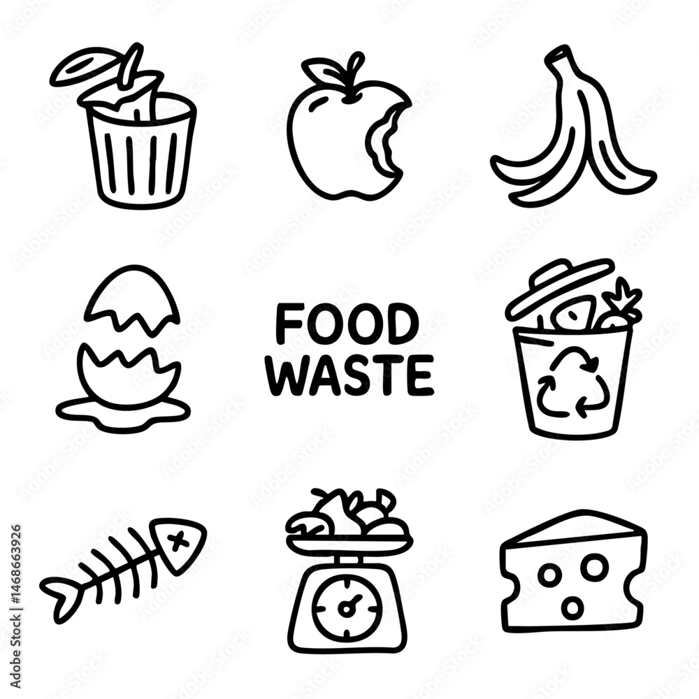A set of doodle line icons illustrating food waste, scraps, and compost items like leftovers, peels, and expired ingredients for eco themes