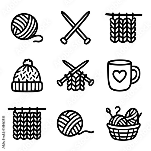 A set of doodle line icons illustrating knitting tools, yarn balls, and cozy handmade items, ideal for crafts, hobbies, or DIY projects