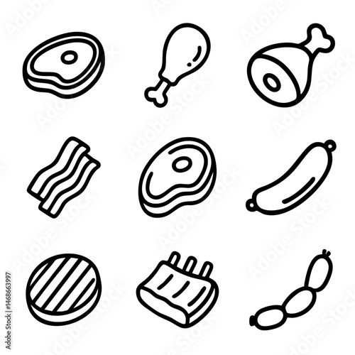 A set of doodle line icons featuring various meat items like steak, bacon, sausage, and ribs, perfect for menus, recipes, or food apps