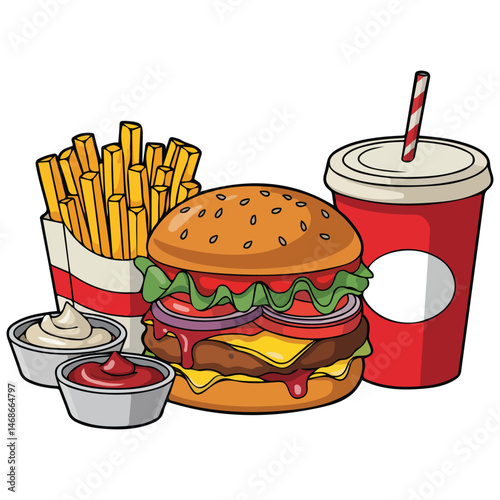 Fast food hamburger and fries isolated vector illustration on white background