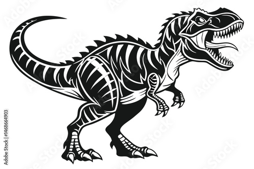 184 Fierce T-Rex dinosaur, black and white illustration, sharp teeth, detailed scales, aggressive stance, muscular body, curved tail, powerful legs, menacing expression, bold lines, high contrast, sty