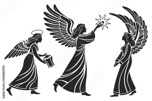 185 Angel silhouettes, black and white illustrations, flowing robes, majestic wings, celestial beings, ethereal figures, divine iconography, graceful poses, spiritual art, minimalist design, vector gr