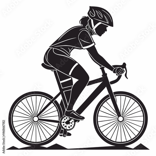 vector icon of a person riding a bicycle with a helmet, black silhouette, white background, clean design