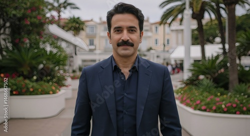 Wallpaper Mural Confident Mature Man in Blue Suit Standing Proudly in Scenic Outdoor Setting Featuring Beautiful Architecture and Vibrant Floral Displays Symbolizing Achievement and Success for Stock Image Torontodigital.ca