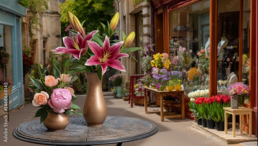 Fototapeta premium Charming Flower Arrangements in a Vibrant Street Scene