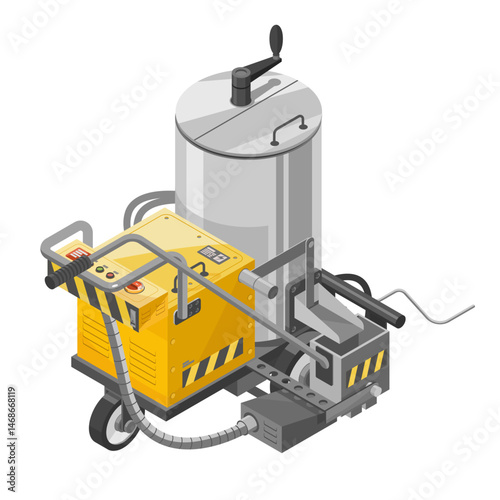 Isometric illustration of a traffic line marking machine used for painting road surface stripes during street maintenance and infrastructure construction projects