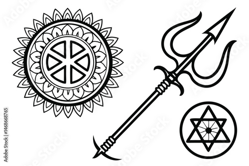 186 Trident silhouettes, Hindu Shiva symbols, black and white graphic design, minimalist religious iconography, symmetrical patterns, ancient spiritual emblems, sacred geometry, symbolic weaponry, div