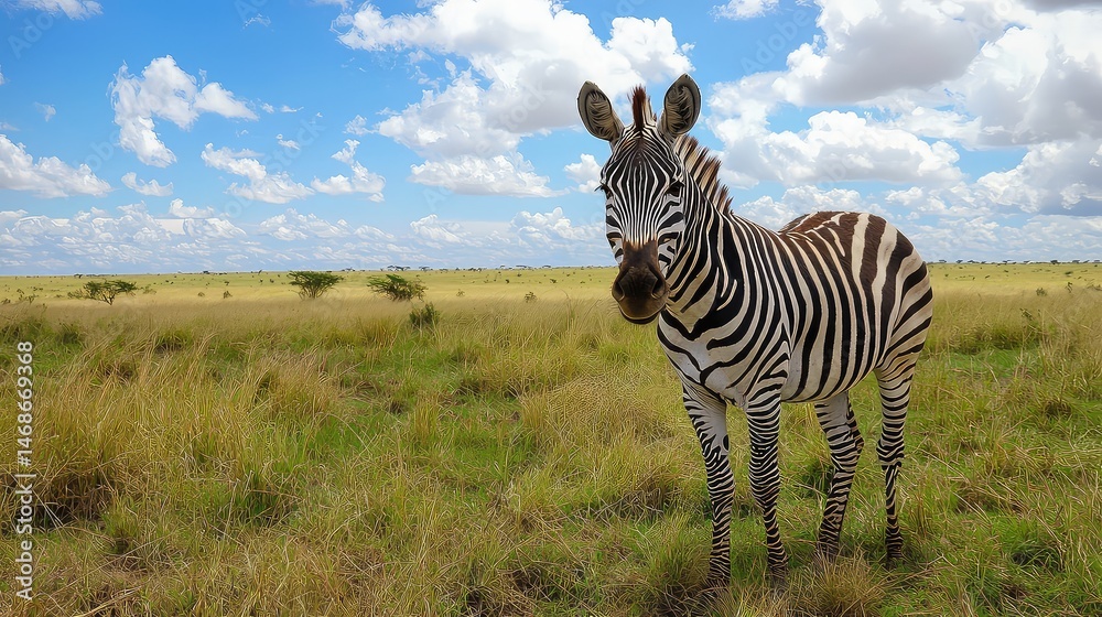 Obraz premium Pixelated Zebra Stands in Grassy Savannah Under a Blue Sky with Scattered Clouds