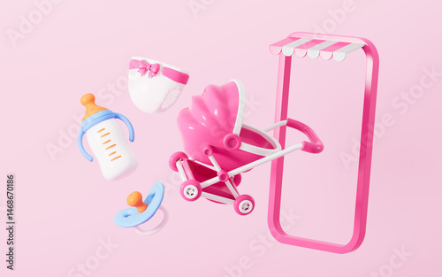 Baby stroller, baby diaper, feeding bottle, baby pacifier, baby tableware and so on baby goods, The concept of shopping and e-commerce, 3d rendering.