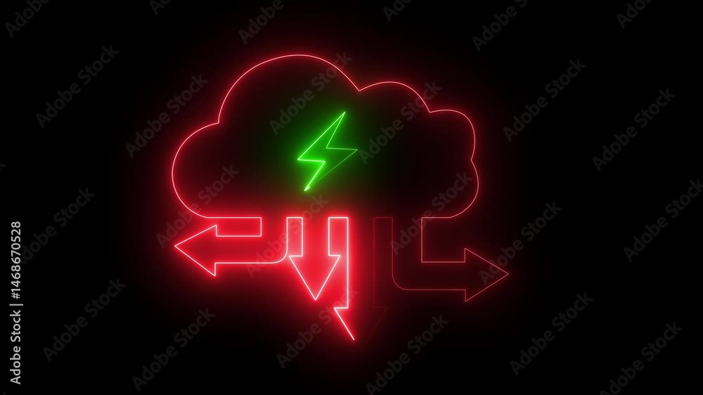 glowing neon Cloud computing power supply concept On black background. geometric blue lines are moving towards a cloud with Data Flow Network Cables with data transmission. glowing neon Cloud computing power supply concept On black background. geometric blue lines are moving towards a cloud with Data Flow Network Cables with data transmission.