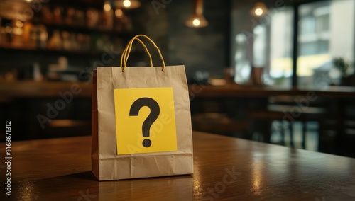 Brown paper bag with a yellow question mark