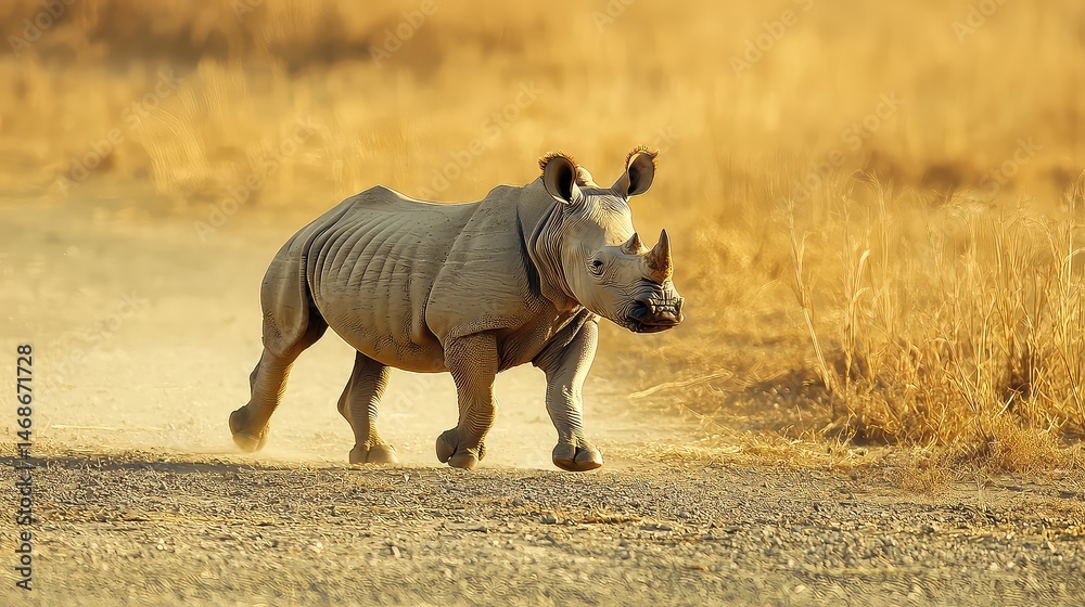 Obraz premium Rhino Galloping with Dust in Golden Light Across the African Plains at Eye Level in Natural Habitat