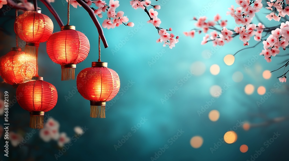 Fototapeta premium Illuminated red lanterns among blossoming spring branches.