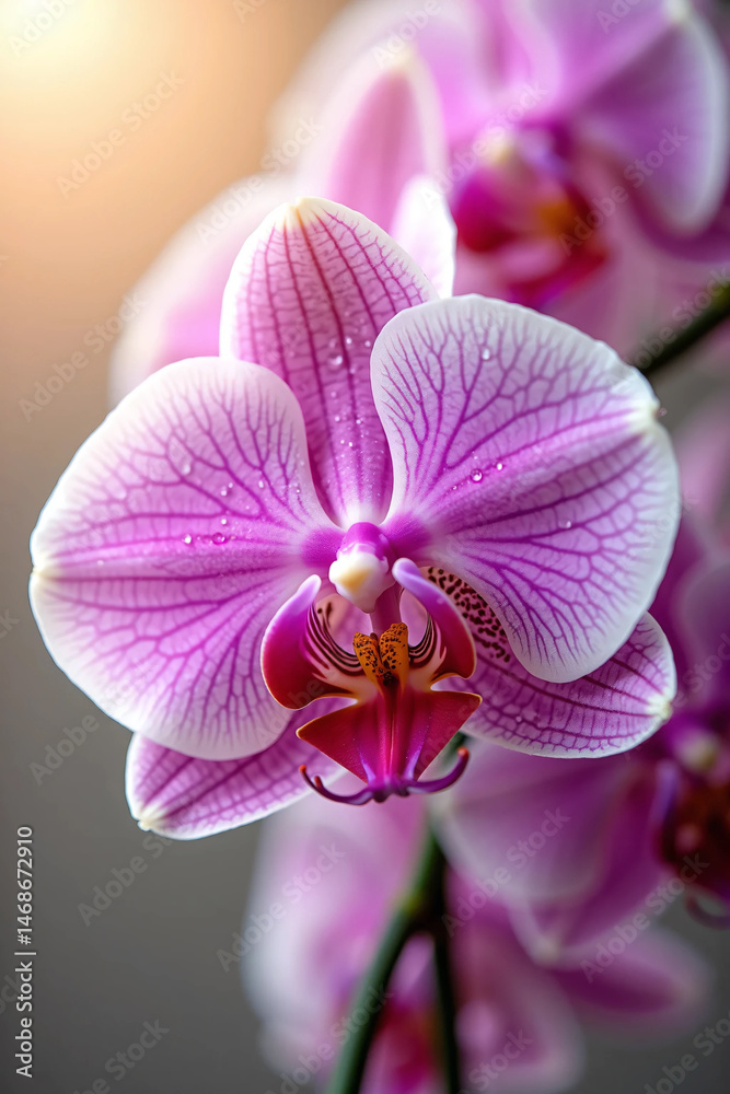 Fototapeta premium Close-Up Macro Shot of Exotic Orchid Bloom with Intricate Petal Details and Rich Purple Hues — Editorial-Quality Ultra Detailed Flower Portrait for Botanical, Spa, and Skincare Branding