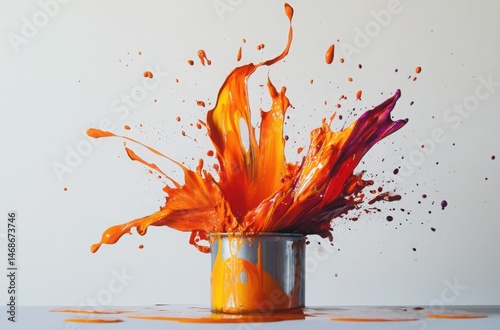 A high-speed shot of a paint splatter mid-air, vivid colors frozen in sharp detail as they explode out of a can