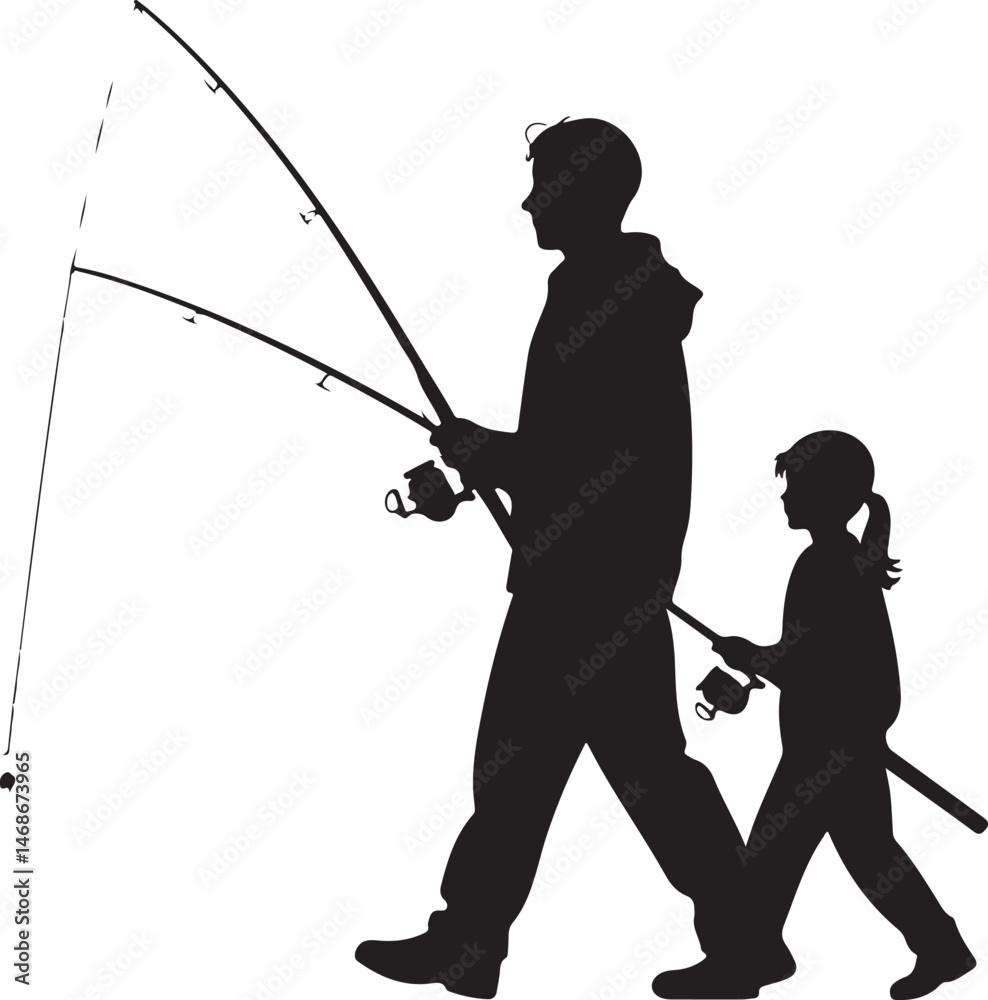 Obraz premium Fisherman Casting Line SilhouetteBig Catch – Fish on Hook VectorBoat Fishing Adventure Silhouette SceneSpearfisher in Action Silhouette ArtLake Fishing Moment Vector Design