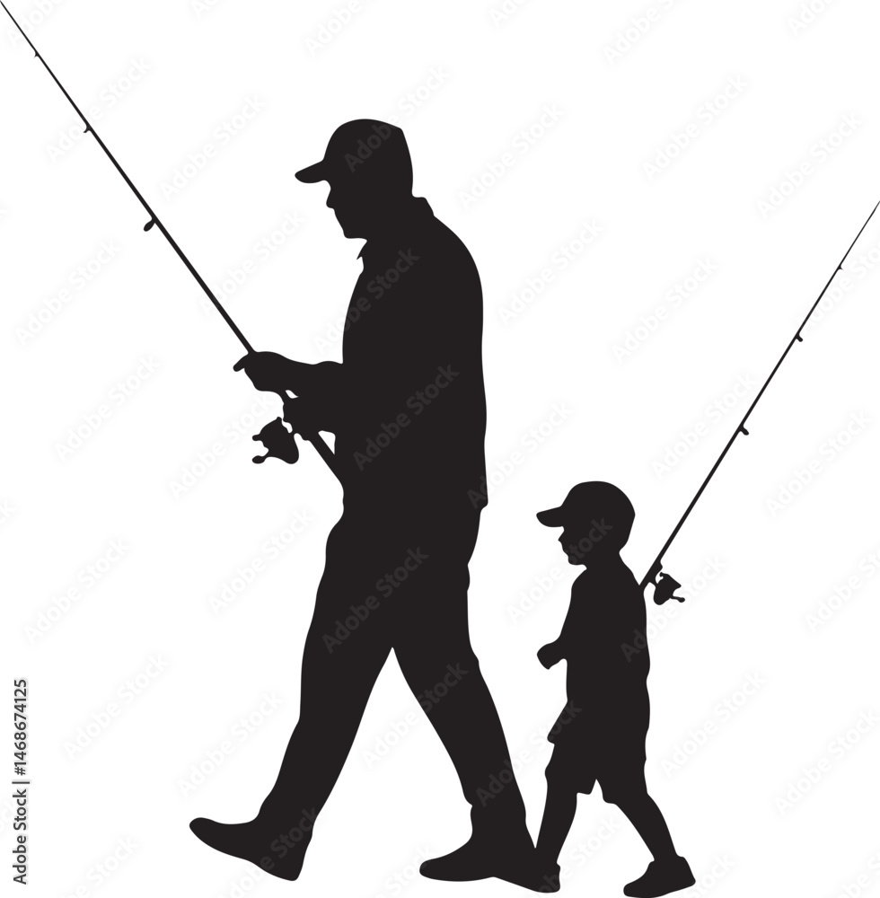 Obraz premium Fisherman Casting Line SilhouetteBig Catch – Fish on Hook VectorBoat Fishing Adventure Silhouette SceneSpearfisher in Action Silhouette ArtLake Fishing Moment Vector Design