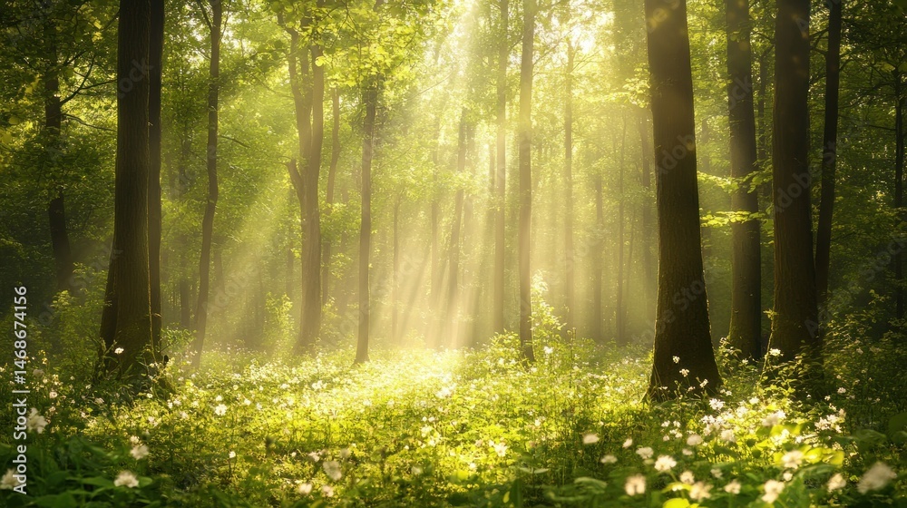 Obraz premium Sunlight streams through a lush, tranquil forest, filled with wildflowers.