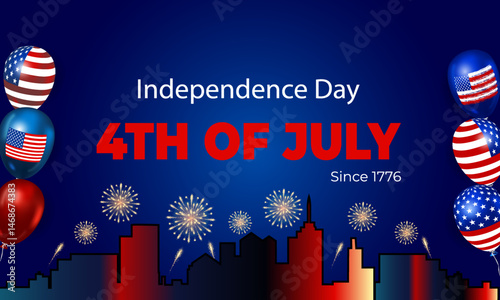 4th of July Happy Independence Day Banner. Fireworks over the city. American Independence Day celebration with festive night scene in red, white and blue. Perfect for patriotic design. Vector