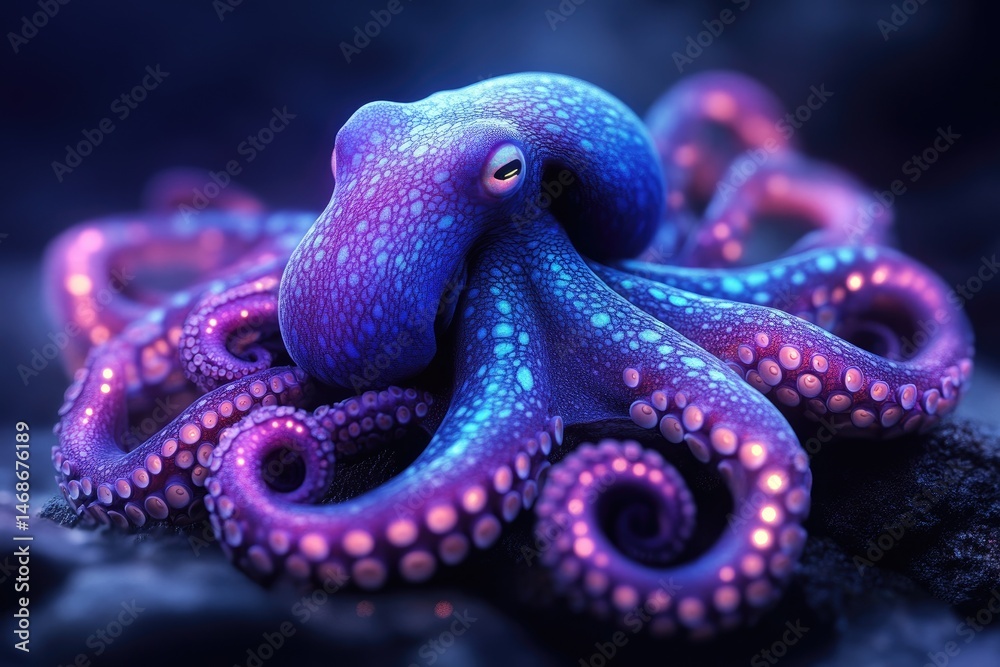 Obraz premium A vibrant, luminous octopus in a deep sea environment. Its skin is a captivating blend of purple and blue, dotted with luminous highlights