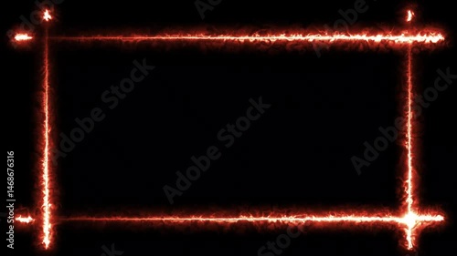 Rectangle picture frame animation icon round retro circle rotate animation on black background. Glowing fire neon light and electricity geometric frame banner.