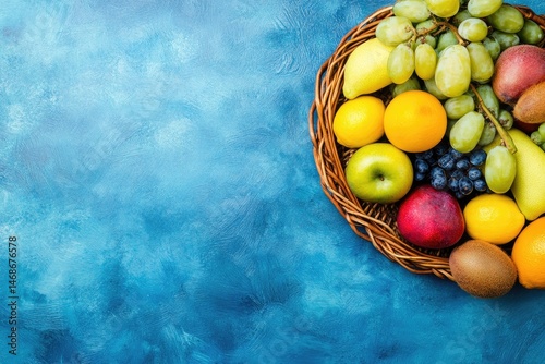 Colorful fruit basket on blue surface