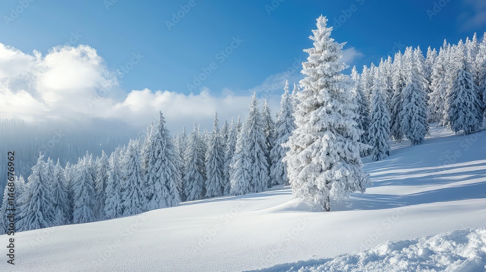 Fototapeta premium Snow Covered Evergreen Trees in Winter Landscape Under Clear Blue Sky With Sun Exposure