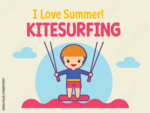 Happy Kid Kitesurfing in Summer Fun Illustration