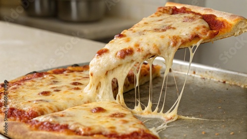 Close up view of a single slice of New York style pizza with melted cheese and a thin crispy crust