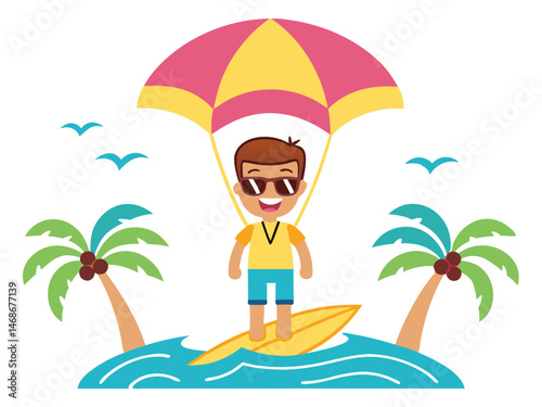 Happy Boy Surfing with Parachute on Tropical Beach