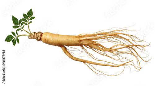 Ginseng Root: A close-up image of a freshly harvested ginseng root with a vibrant green sprout emerging from its crown. The root is isolated against a pure white background.