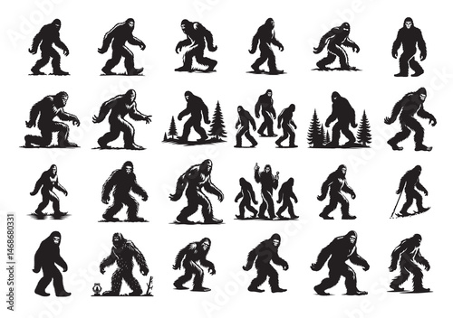 Bigfoot Yeti Black And White Silhouette Vector Set