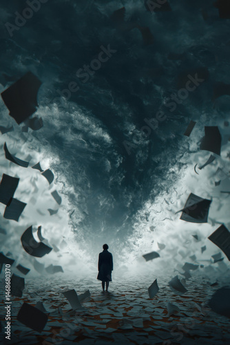 Person stands calmly as papers swirl in dramatic tornado, evoking surreal, intense atmosphere