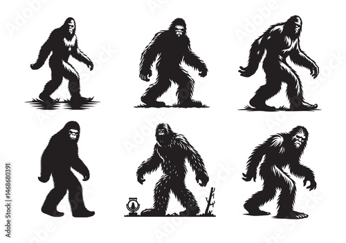 Bigfoot Yeti Black And White Silhouette Vector Set