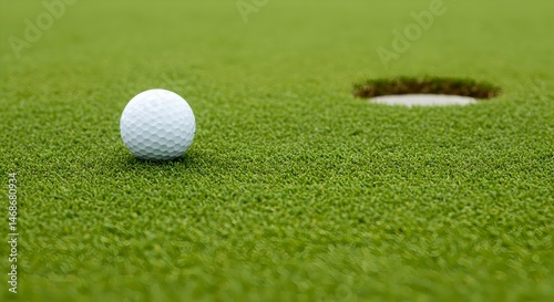Close-up golf ball near hole on vibrant green putting surface.