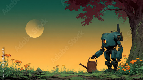 Robot watering can metallic flower garden sunset peaceful whimsical nature tree