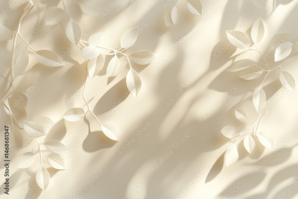 Soft, pale leaves cast shadows on a beige backdrop Soft, pale leaves cast shadows on a beige backdrop