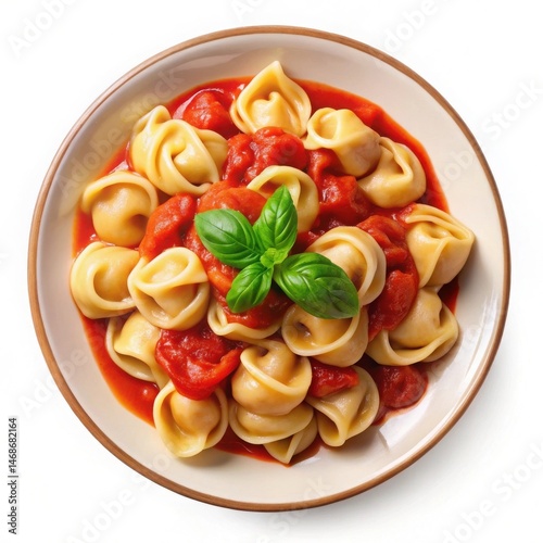 Delicious italian tortellini pasta in tomato sauce garnished with fresh basil leaves