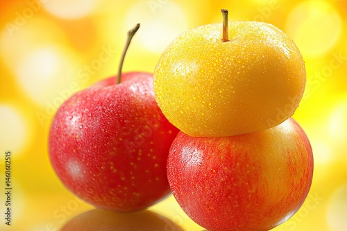 Stacked apples, vibrant colors, glistening drops photo